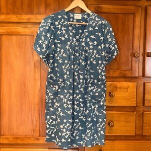 Mirth Blue and White Print Cotton Short Sleeve V-Neck Mini Dress